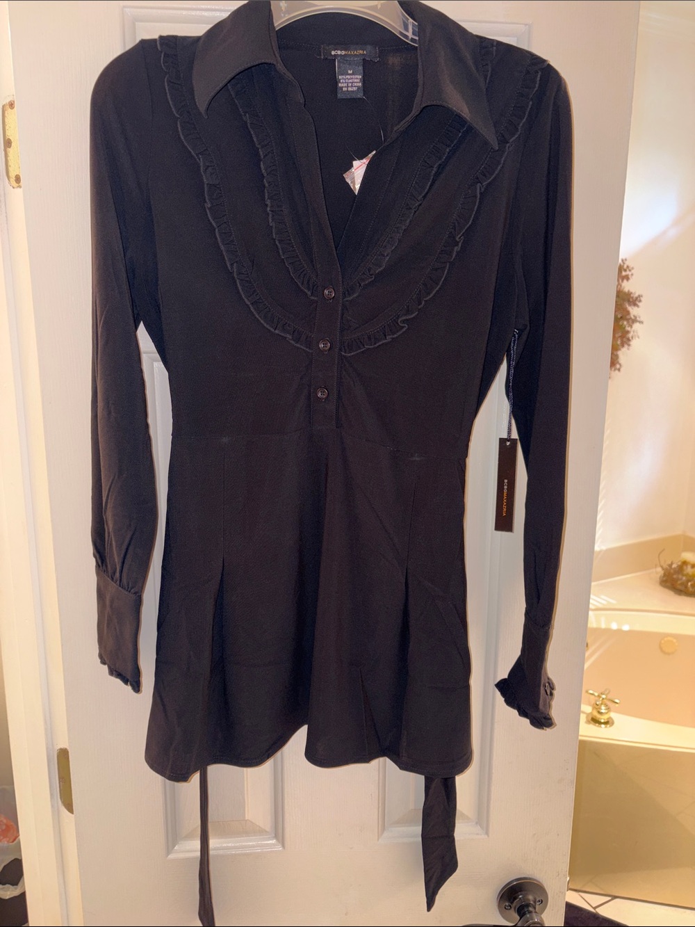 BCBGMaxAzria Black Ruffle-Trim Long Sleeve Tunic Top